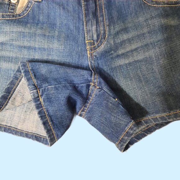 Y2K Mid Rise Denim Shorts M Blue Green Camouflage Flap Pockets Jean Shorts 2000s - Picture 7 of 8